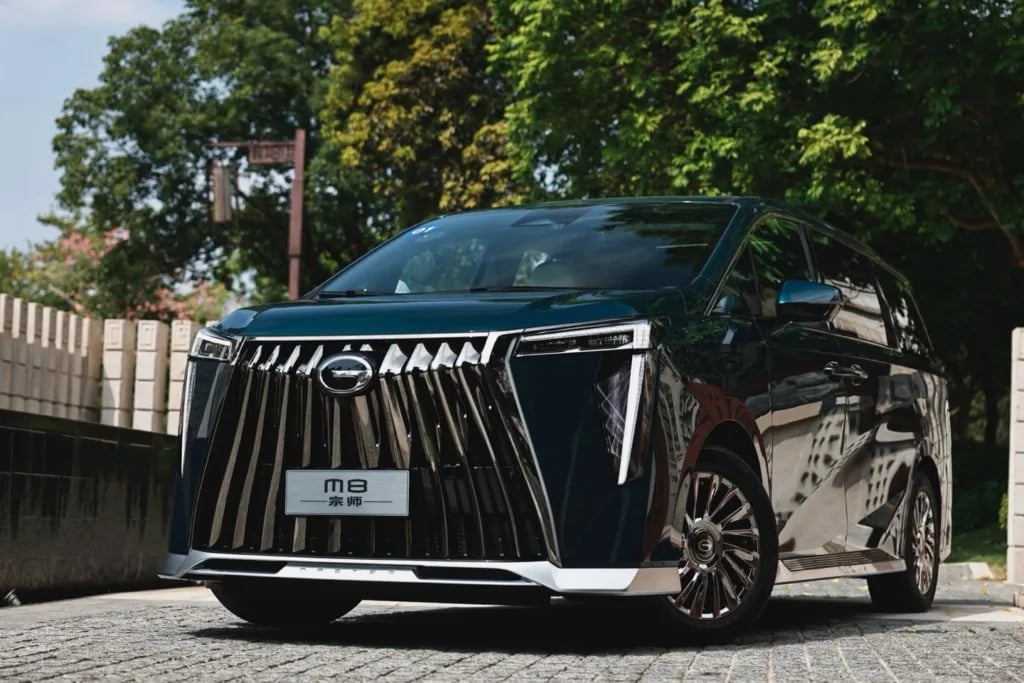 Black Lexus LM luxury minivan with distinctive grille parked on a street with green trees and wall in background